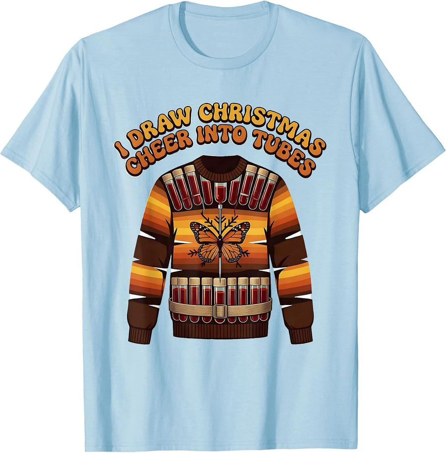 Men's I Draw Christmas Cheer Into Tubes Retro Phlebotomist Holiday T-Shirt - Baby Blue