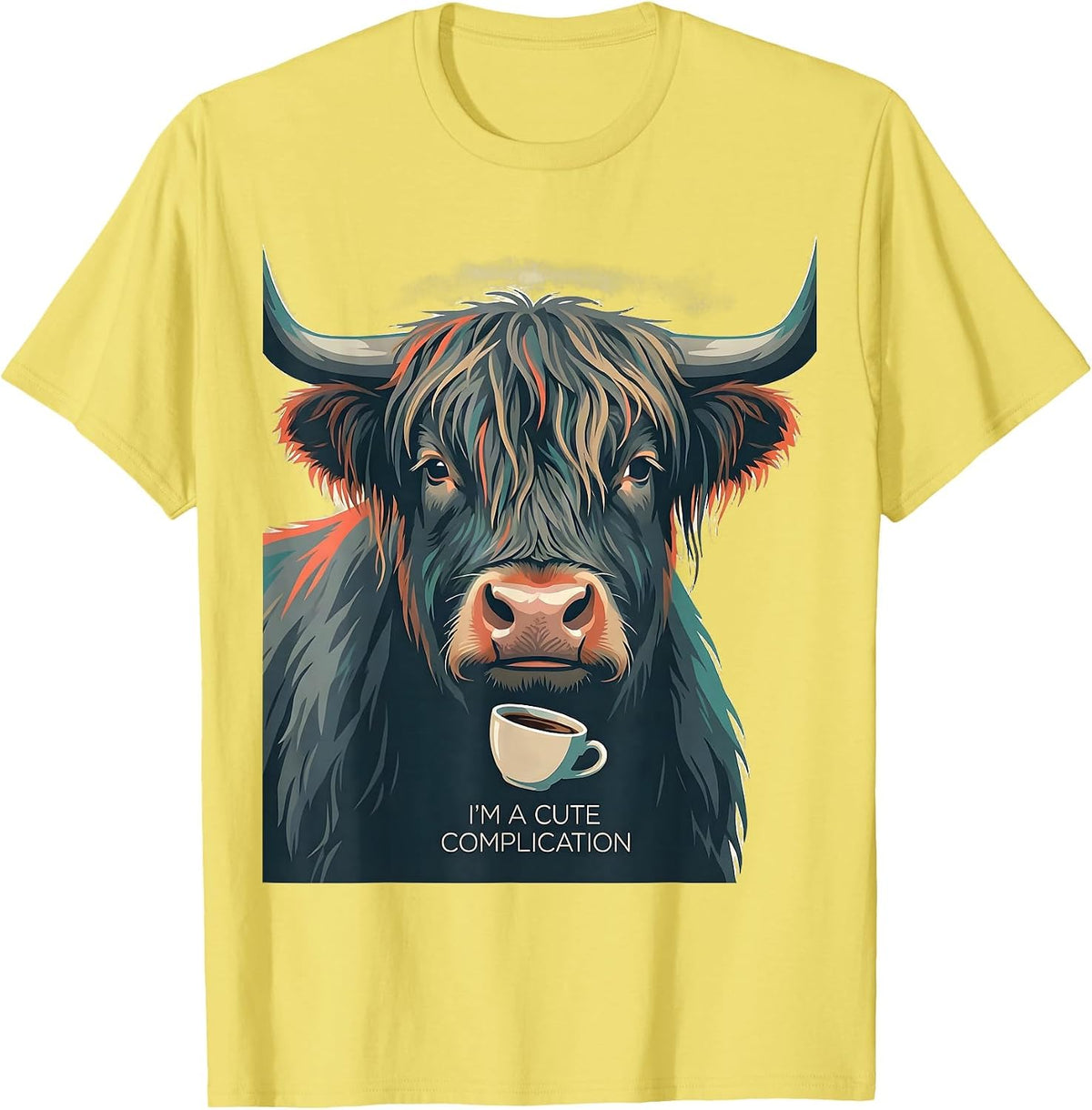 Men's I'm A Cute Complication Funny Highland Cow Coffee Lover T-Shirt - Lemon Yellow