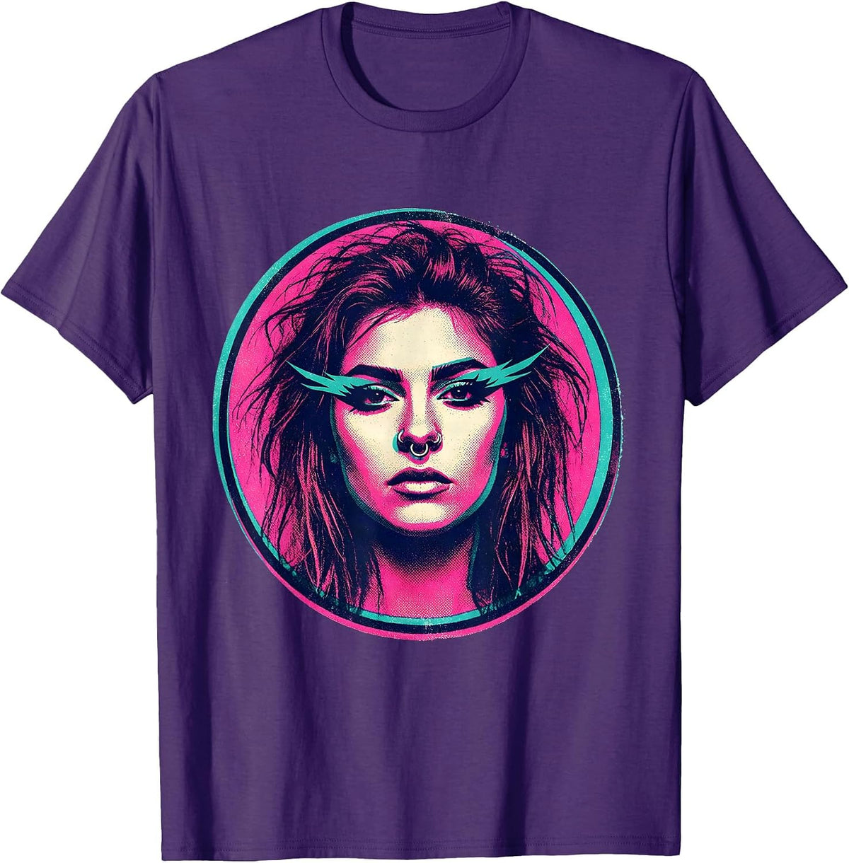 Men's Grunge Winged Eyeliner Nose Ring Illustration T-Shirt - Purple
