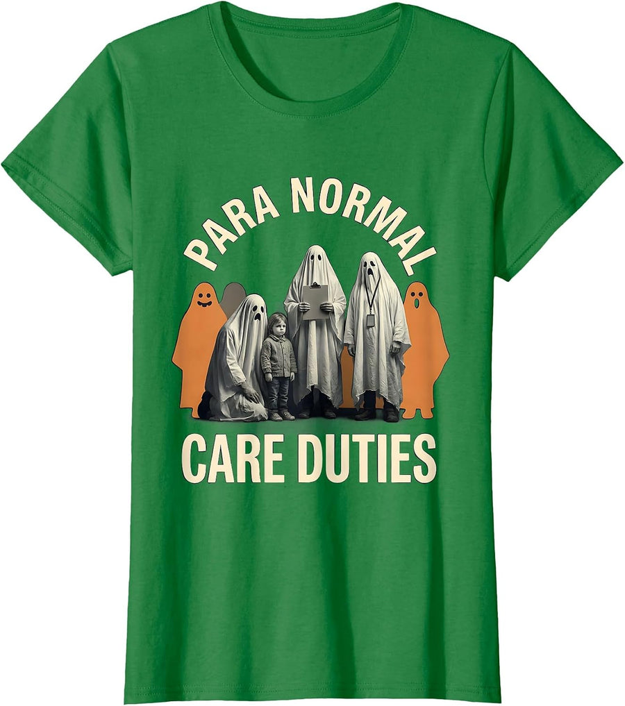 Women's Para Normal Care Duties Funny Paraeducator Ghost Halloween T-Shirt - Kelly Green