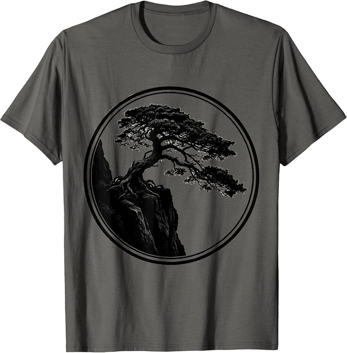 Bonsai Tree Rocky Cliff Japanese Nature Art T-Shirt - Asphalt Grey