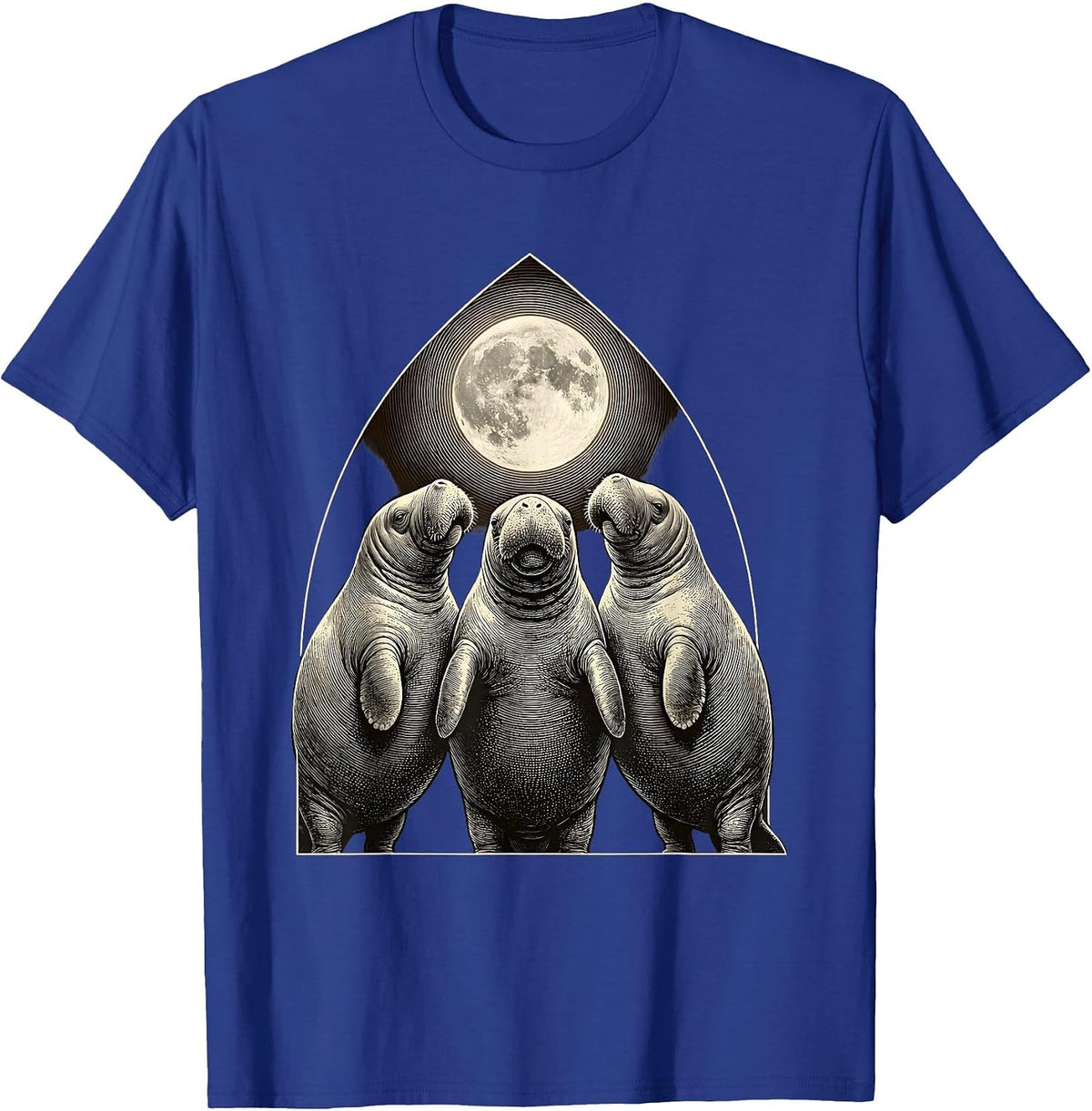 Men's Three Manatees Moon Crosshatch Etching Absurdist Meme T-Shirt - Royal Blue