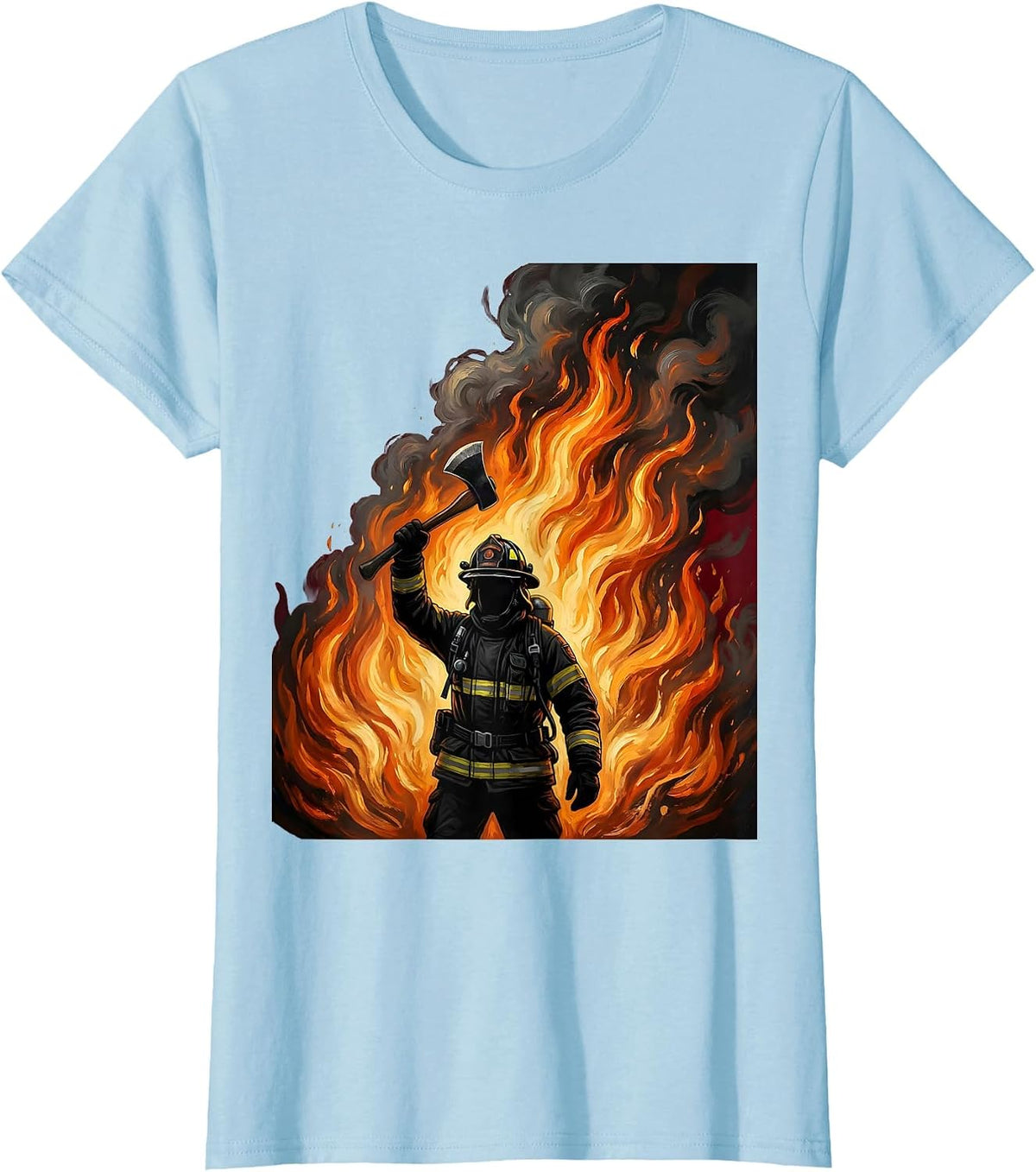 Firefighter Silhouette Against Wall of Flames T-Shirt - Baby Blue