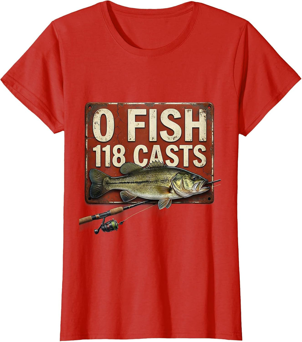 0 Fish 118 Casts Distressed Bass Fishing Humor T-Shirt - Red