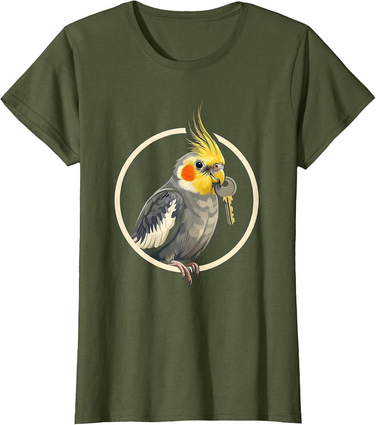 Women's Raised-Crest Cockatiel Emblem Pet Parrot Owner Humor T-Shirt - Olive Green