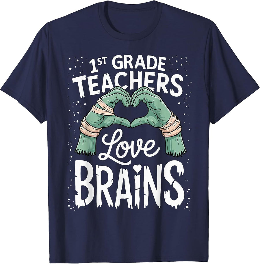 1st Grade Teachers Love Brains Shirt Funny Halloween Teacher T-Shirt - Navy Blue