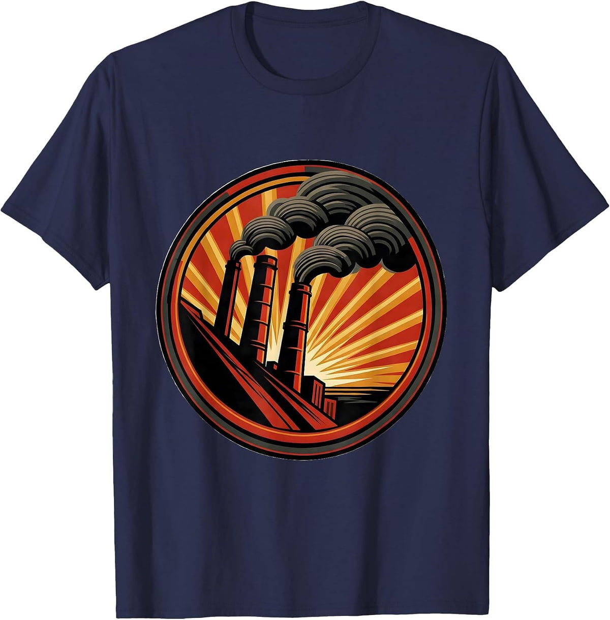 Factory Smokestack Fiery Sunset Labor Day Design T-Shirt - Navy Blue