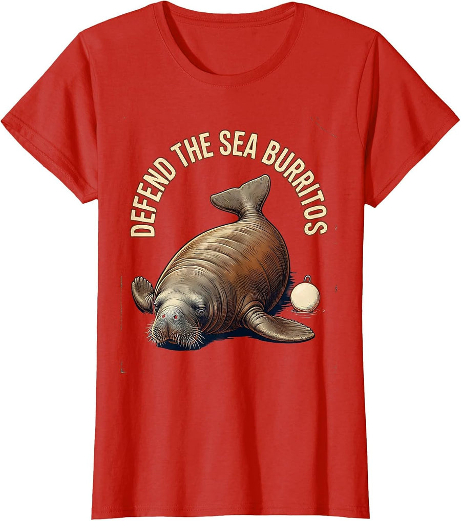 Women's Defend The Sea Burritos Vintage Manatee Sea Animal Lover T-Shirt - Red
