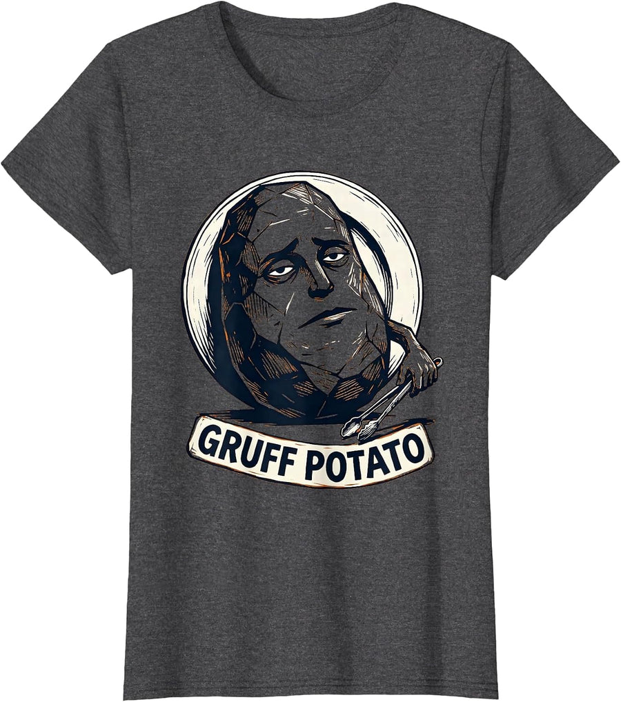 Women's Gruff Potato Funny Couples Thanksgiving Matching Linocut T-Shirt - Dark Heather Grey