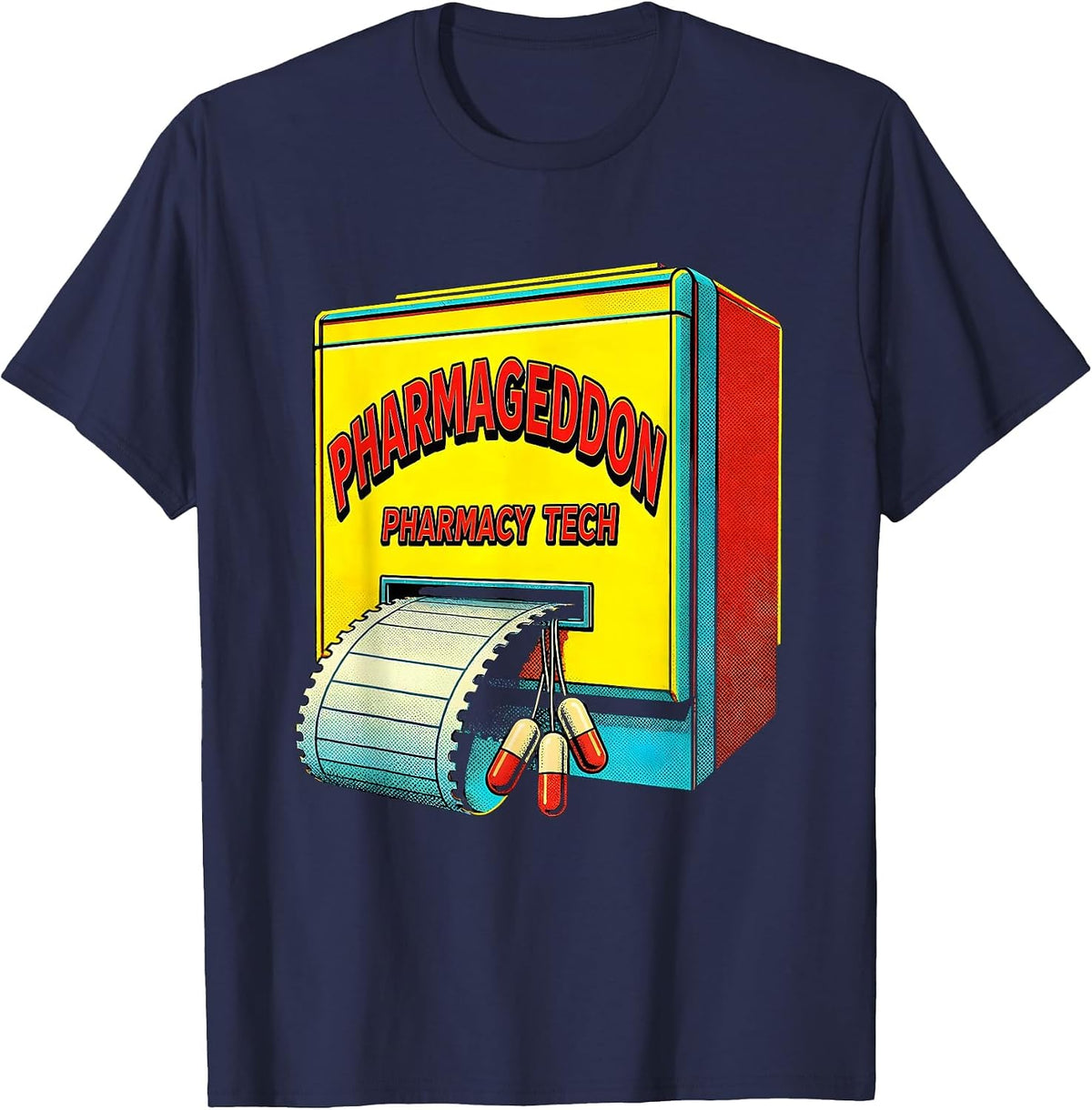 Men's Pharmageddon Pharmacy Tech Pop Art Pharmacy Technician Pun T-Shirt - Navy Blue