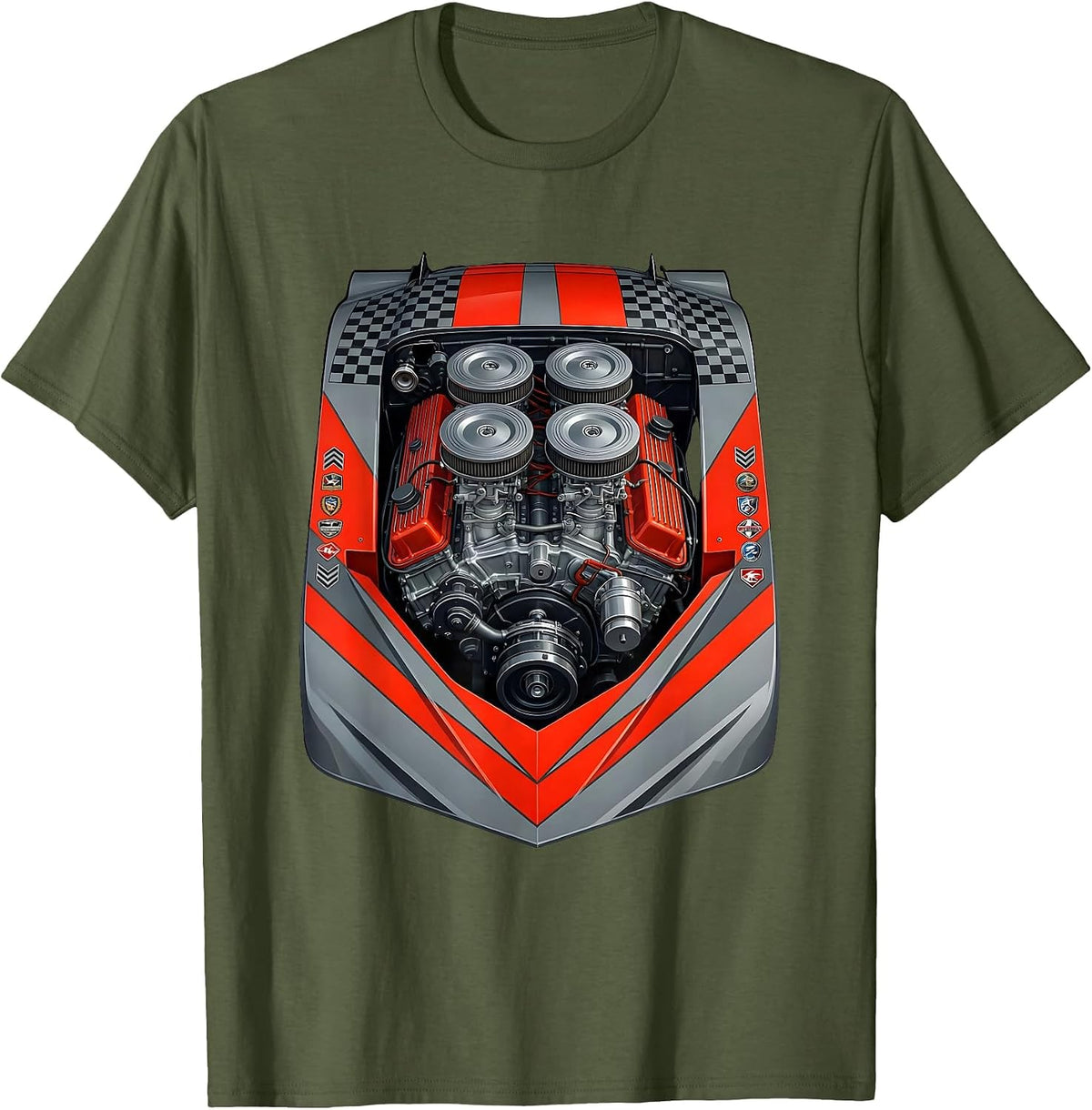 Vintage Engine Block Exposed Pistons Graphic T-Shirt - Olive Green
