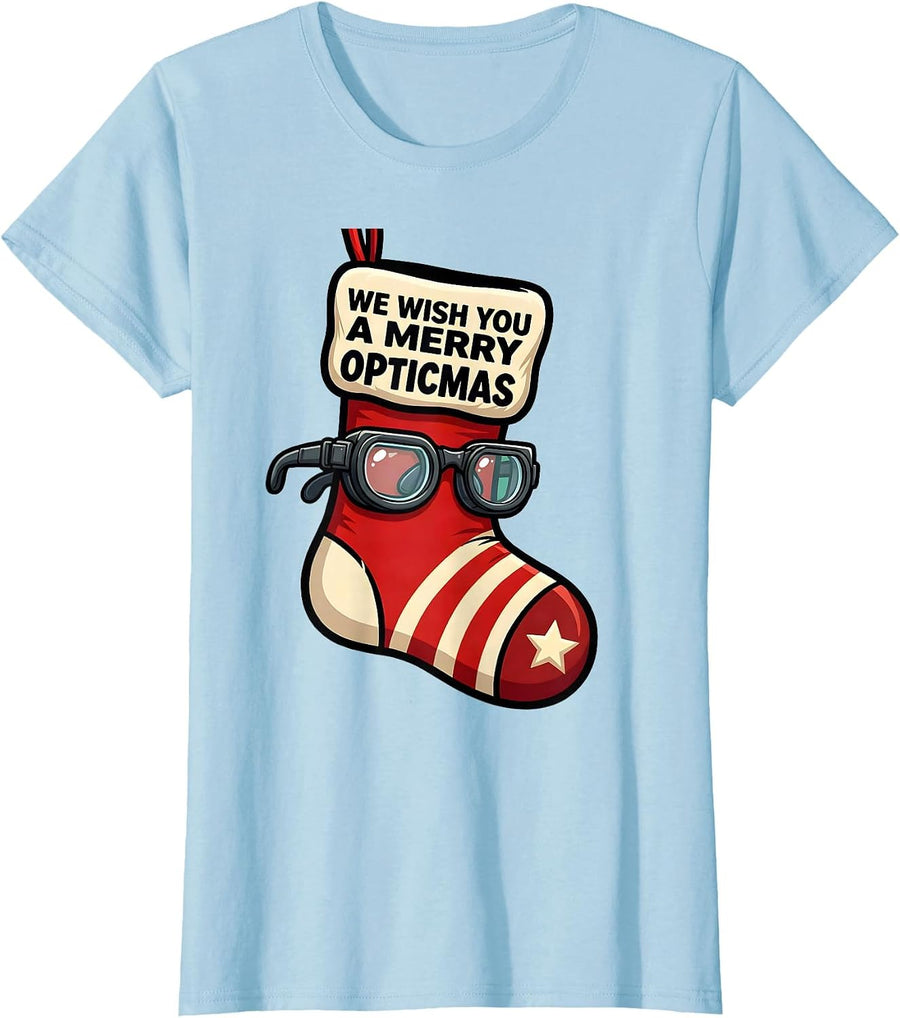 Women's We Wish You A Merry Opticmas Funny Optometrist Christmas Eye T-Shirt - Baby Blue