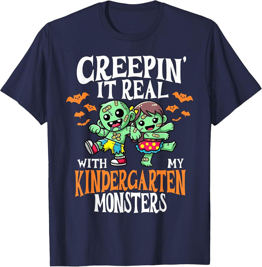 Creepin It Real Monster PreK Kindergarten Teacher Halloween T-Shirt - Navy Blue