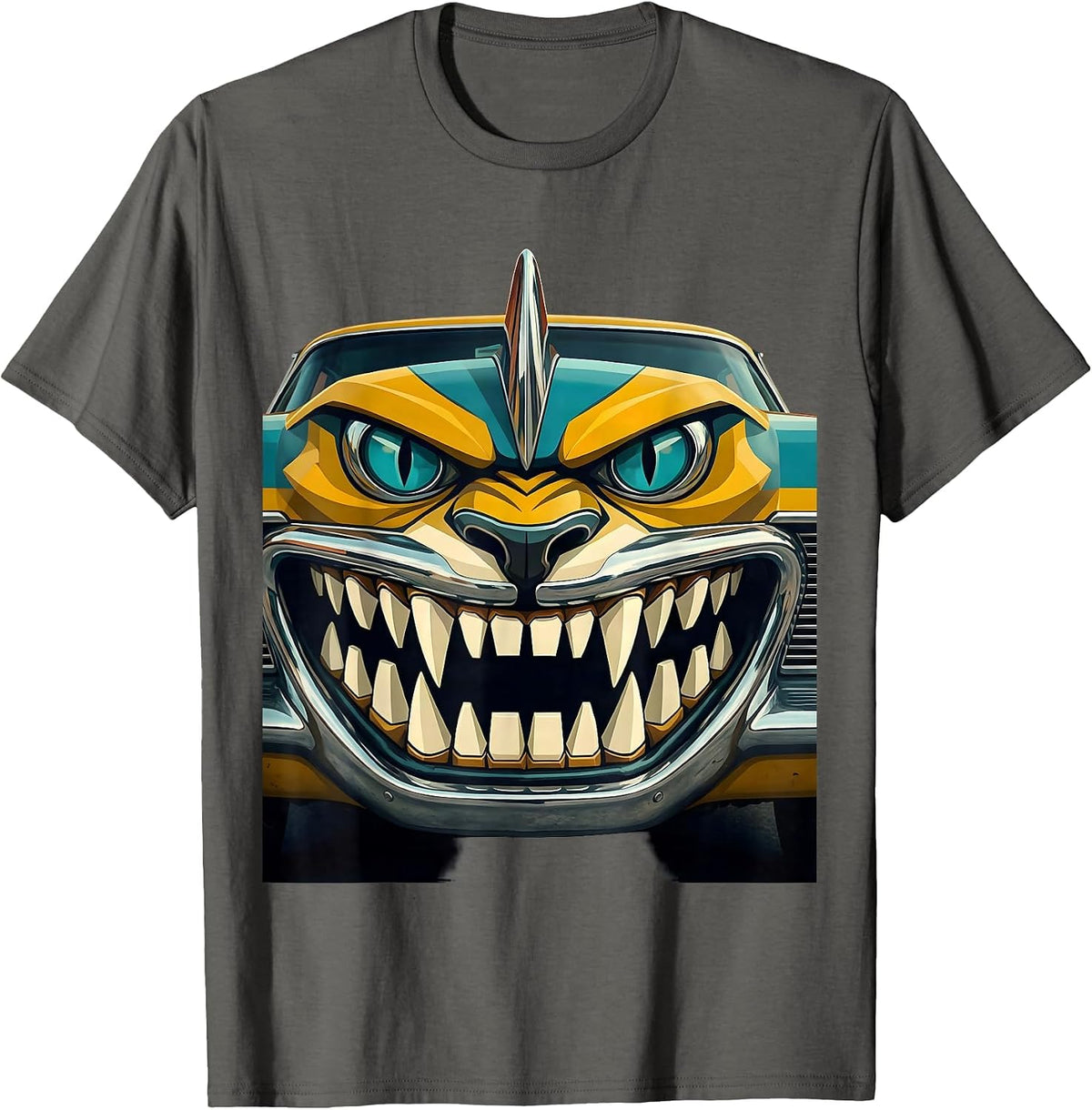 Snarling Animal Face Car Hood Grille Design T-Shirt - Asphalt Grey