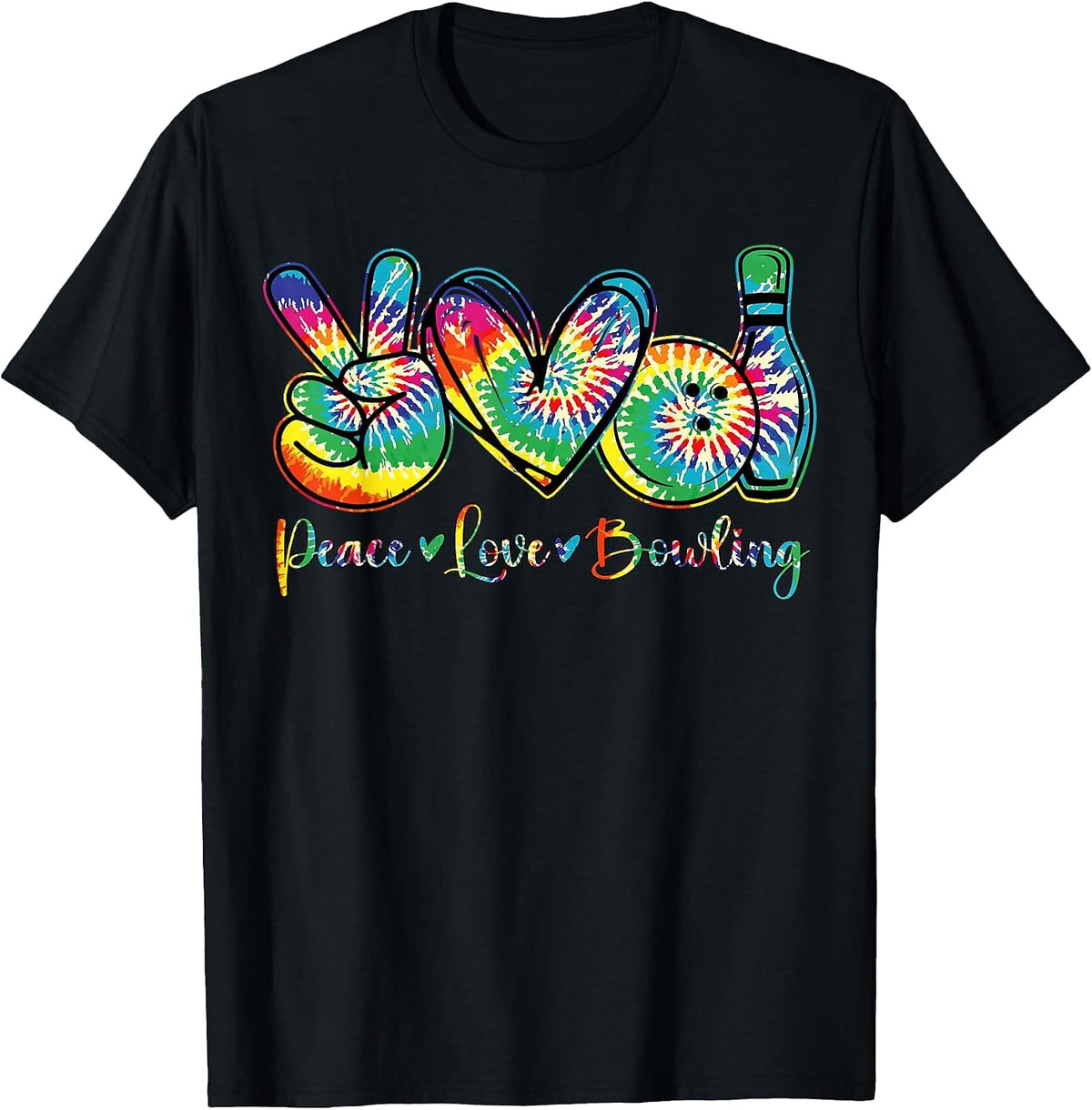 Retro Tie Dye Peace Love Bowling Lover Funny Sport Bowler T-Shirt - Black