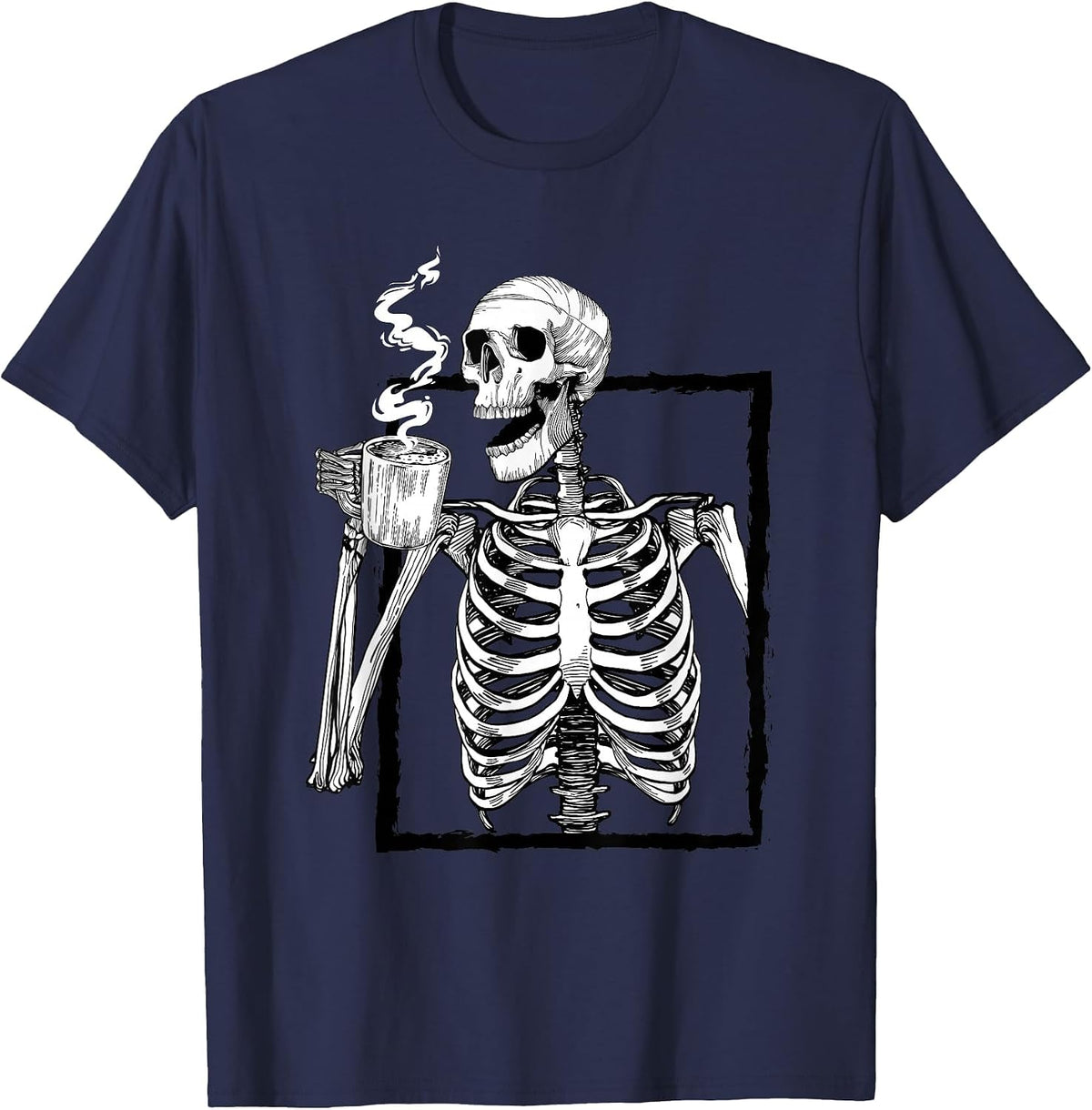 Skeleton Drinking Coffee Lover Funny Halloween Skull T-Shirt - Navy Blue