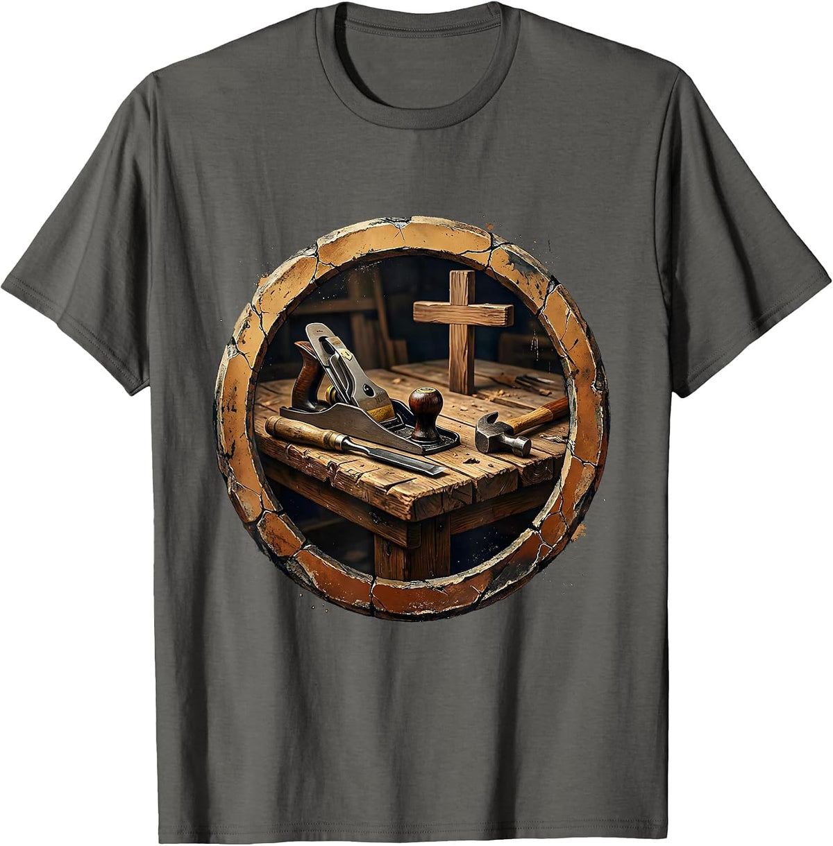Jesus the Carpenter Tools and Table Illustration T-Shirt - Asphalt Grey