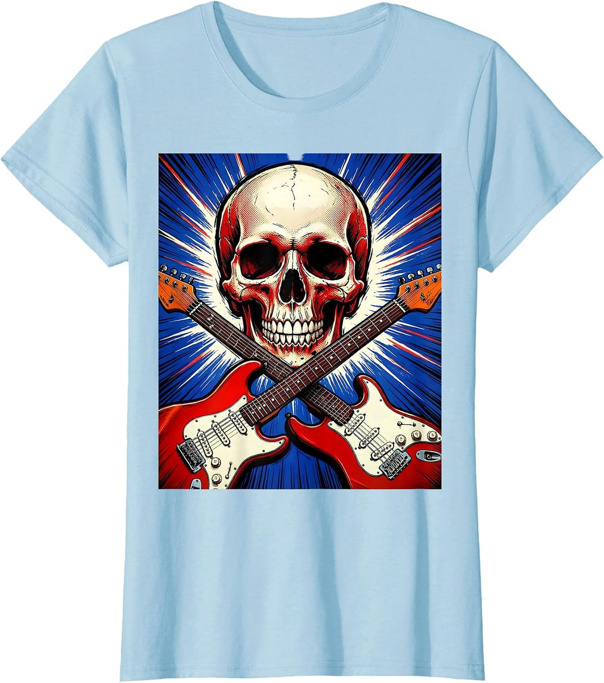 Skull Crossed Electric Guitars Rock Band Graphic T-Shirt - Baby Blue