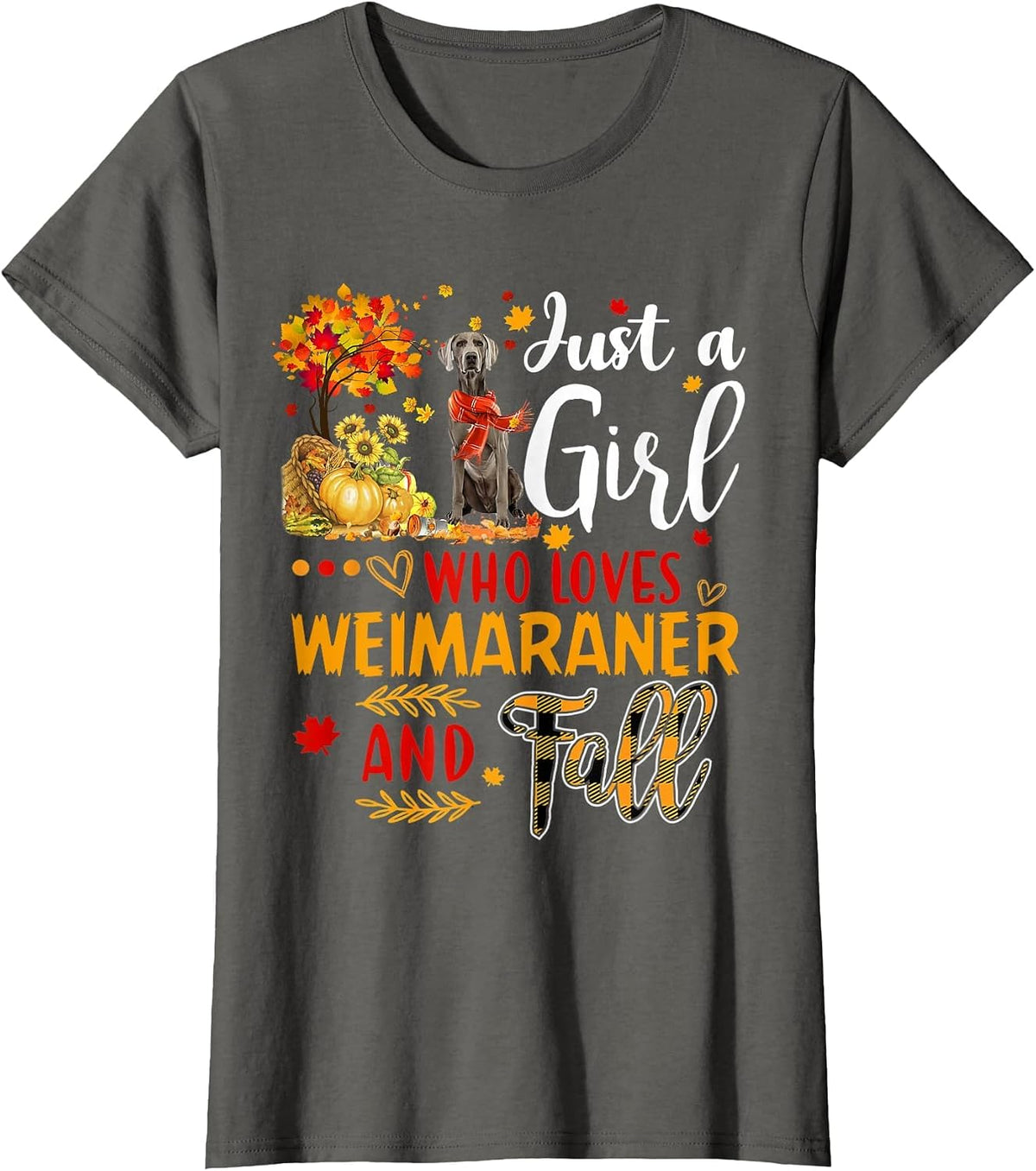 Autumn Tree Weimaraner Thanksgiving Pumpkin Dog Fall Leaf T-Shirt - Asphalt Grey