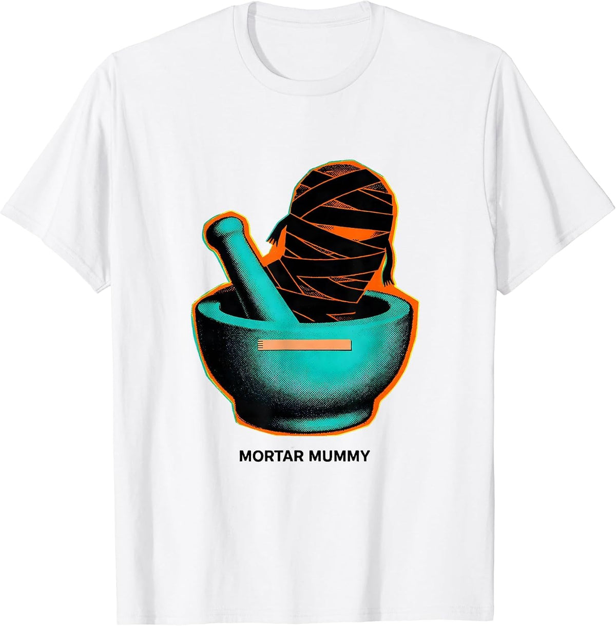 Men's Mortar Mummy Risograph Halloween Pharmacy Tech Crew T-Shirt - White