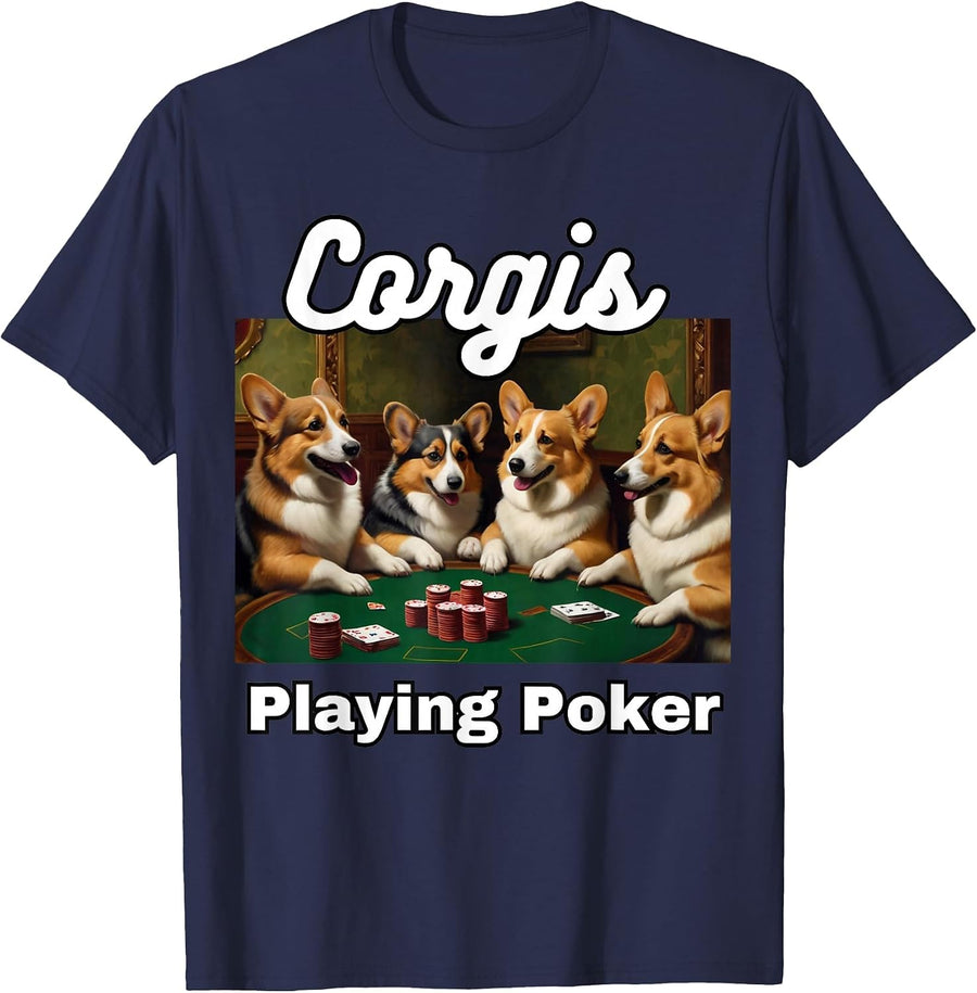 Dogs Playing Poker Corgis Dog Welsh Corgi T-Shirt - Navy Blue