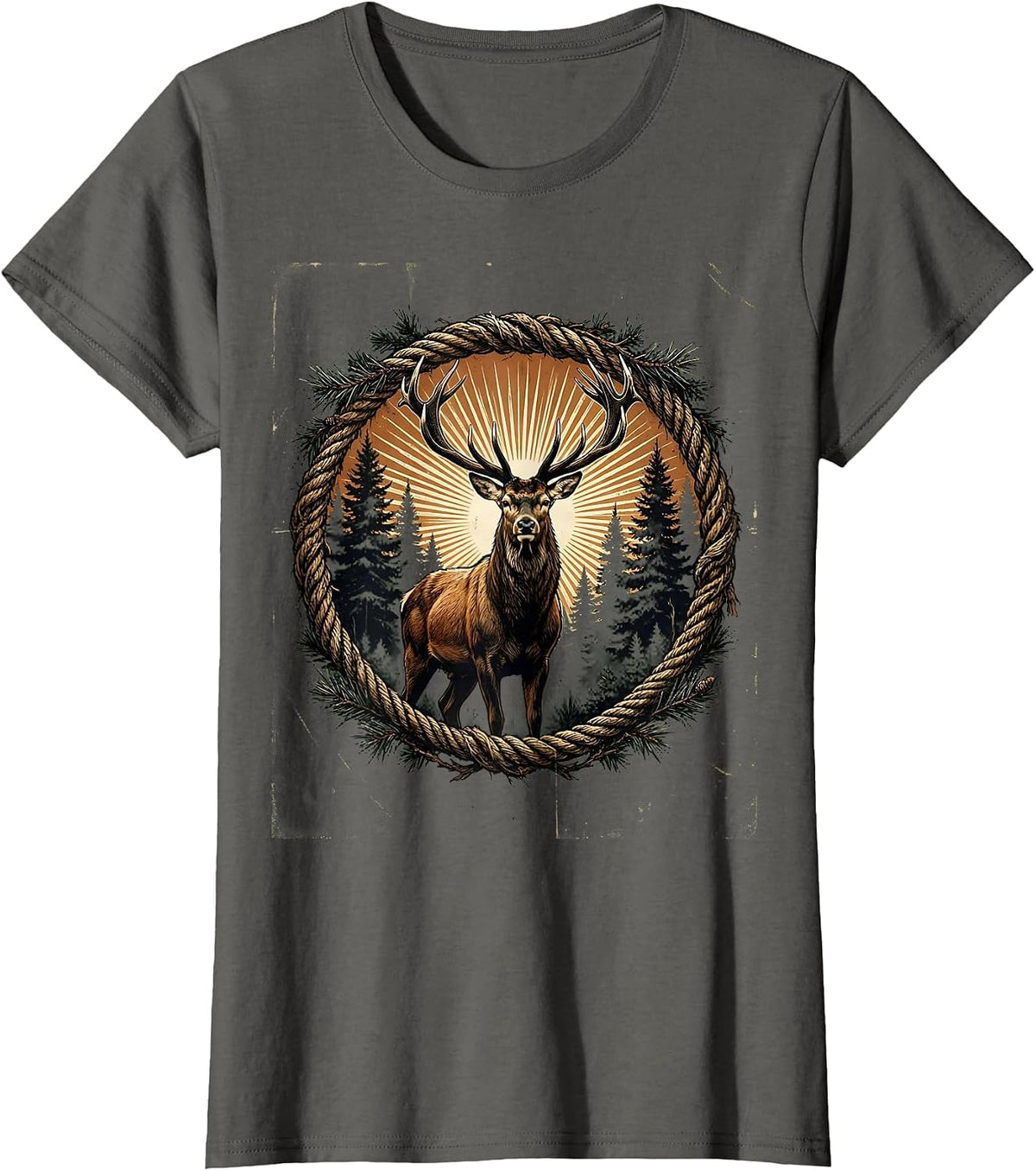 Women's Buck in Misty Forest Clearing Hunting Graphic T-Shirt - Asphalt Grey