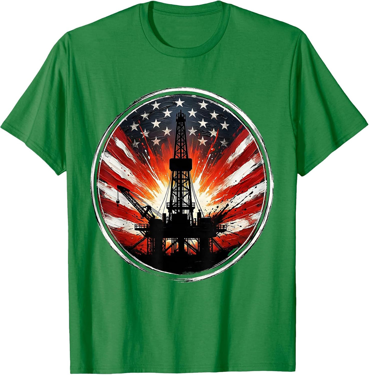 Men's Oil Rig Sunset Silhouette Graphic Design T-Shirt - Kelly Green
