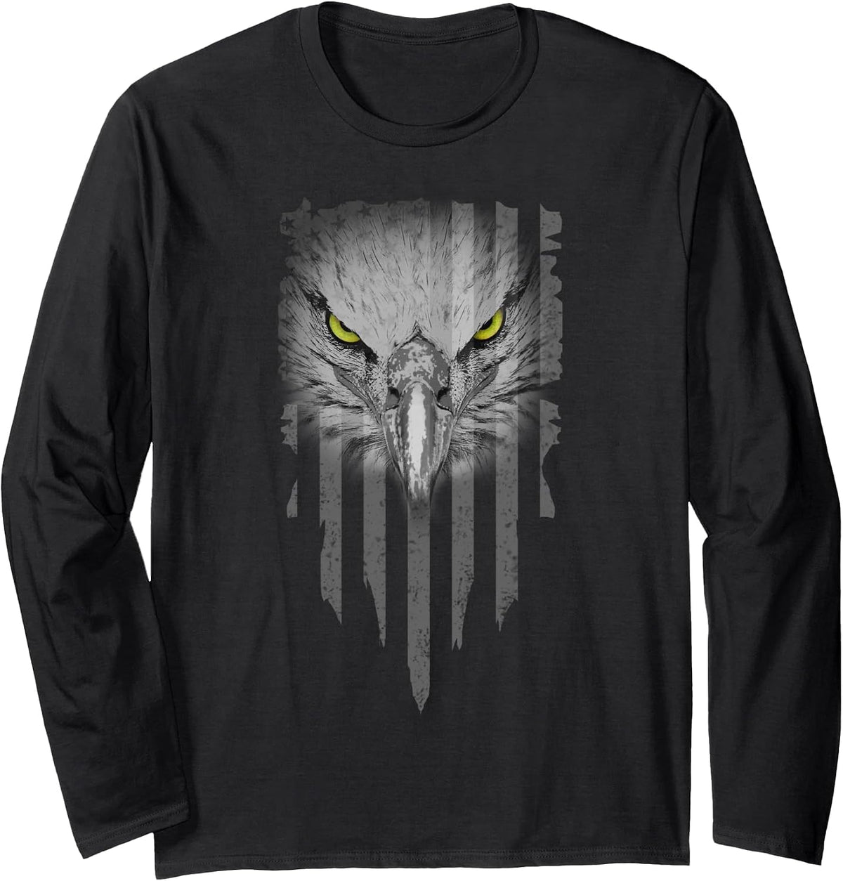 American Bald Eagle Eyes Design USA Flag Patriotic Long Sleeve T-Shirt - Adult Unisex Black