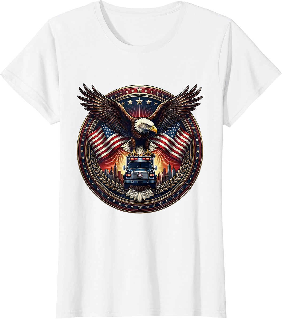 EMT Ambulance City Skyline Sunset Silhouette T-Shirt - White