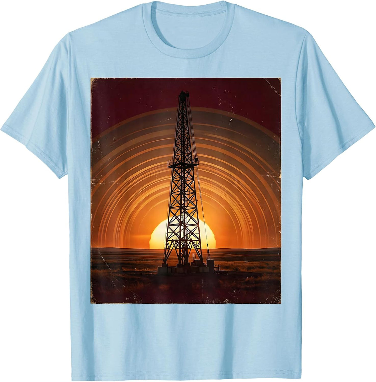 Men's Oil Derrick Silhouette Red Sky USA Graphic T-Shirt - Baby Blue