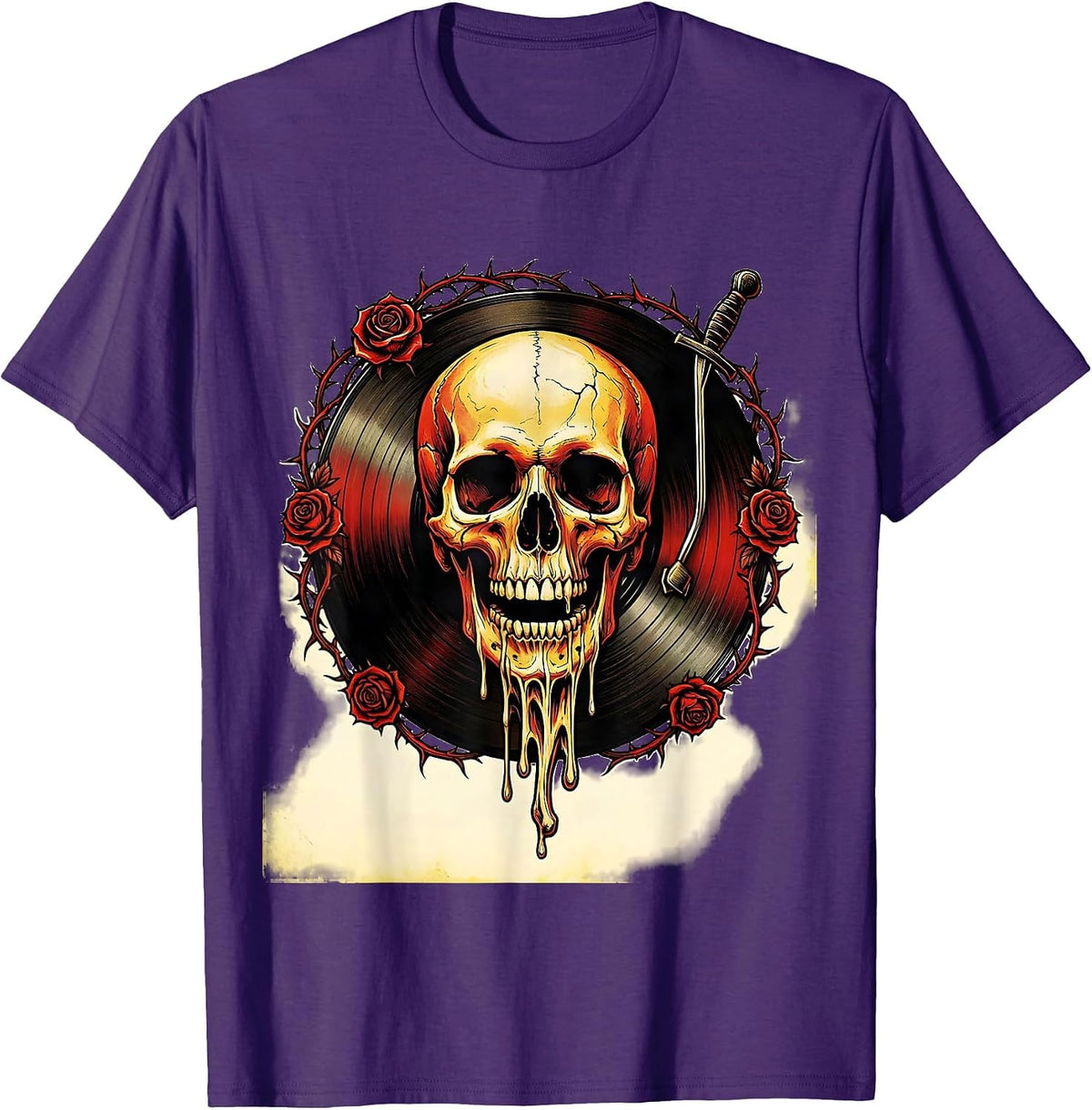 Skull Melting Into Vinyl Record Grooves Tee T-Shirt - Purple