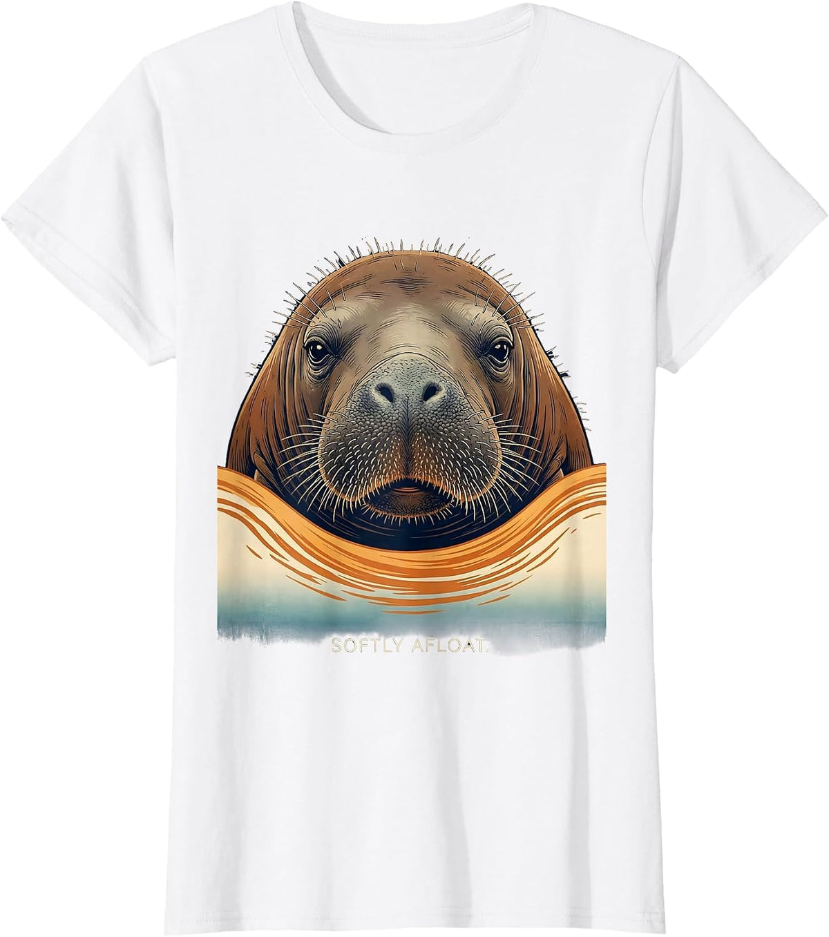 Women's Softly Afloat Ukiyo-e Manatee Lover Floaty Potato Humor T-Shirt - White