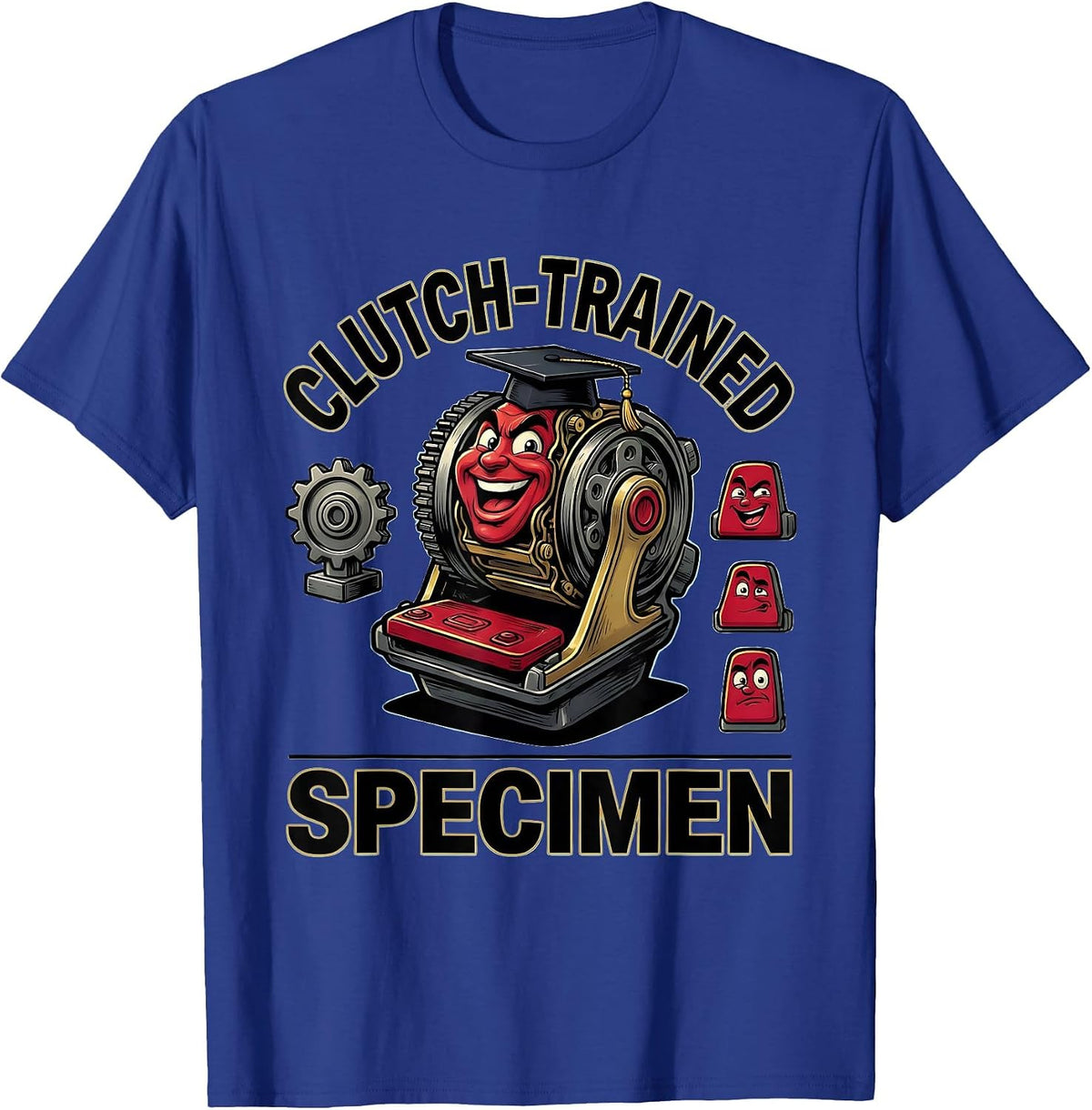Men's Clutch-Trained Specimen Cartoon Manual Transmission Car Guy T-Shirt - Royal Blue