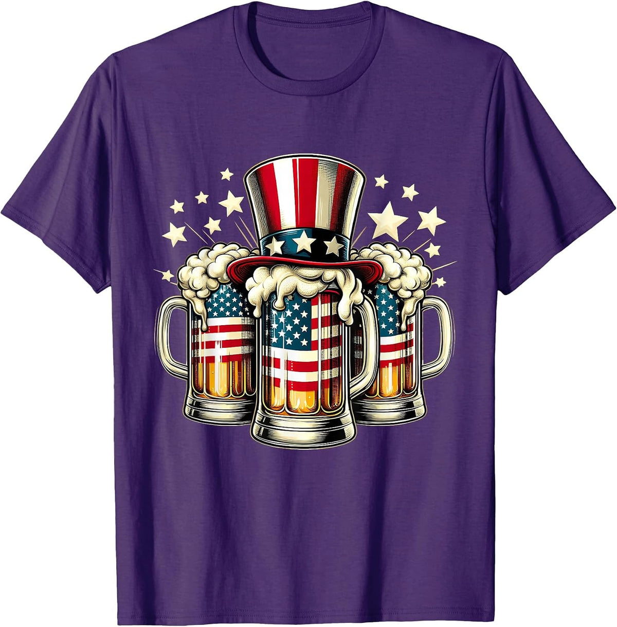Beer American Flag USA 4th of July Party Drinking Men Women T-Shirt - Purple