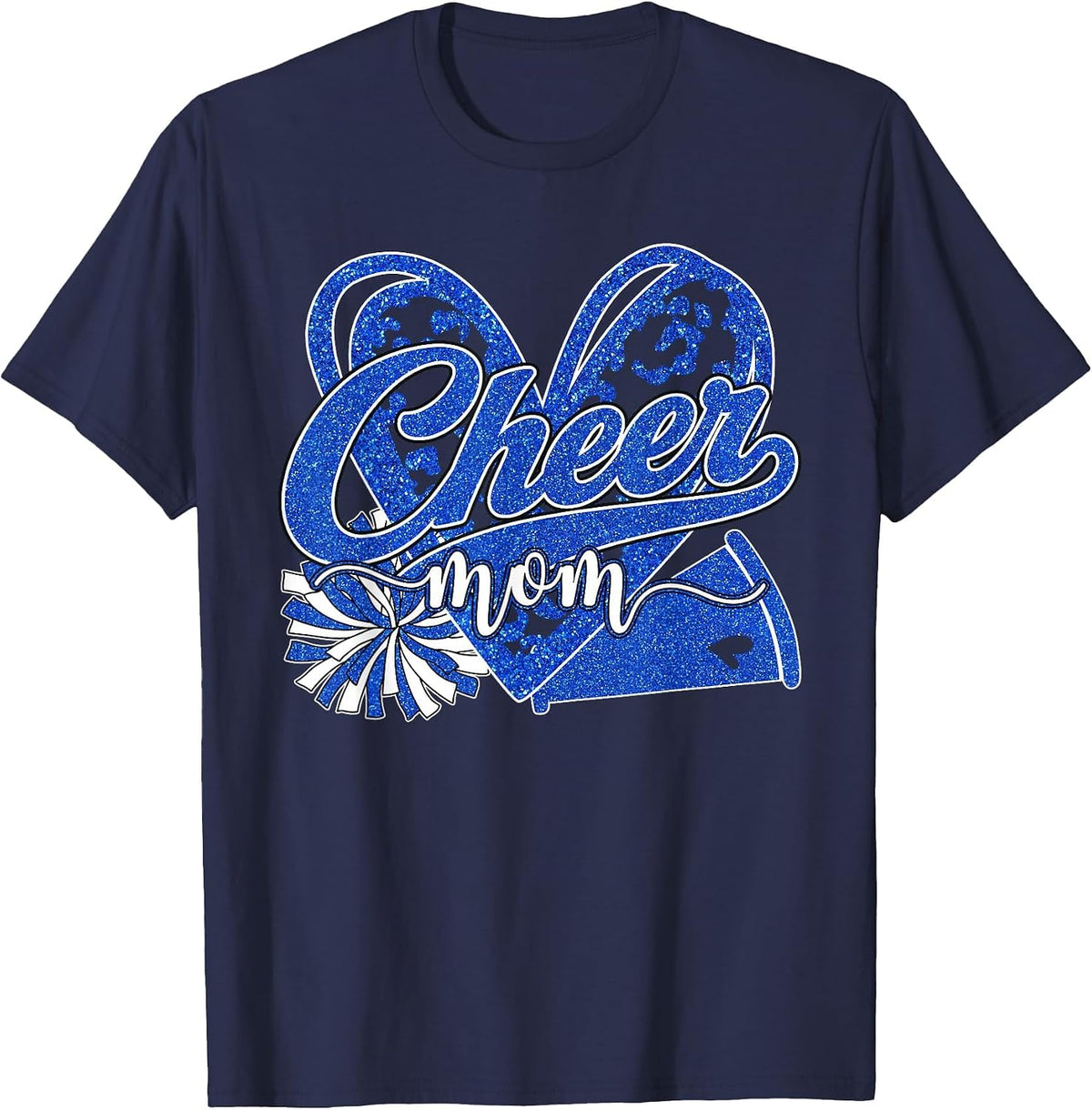 Cheer Mom Blue Megaphone Pom Pom Heart Cheerleader Spirit T-Shirt - Navy Blue
