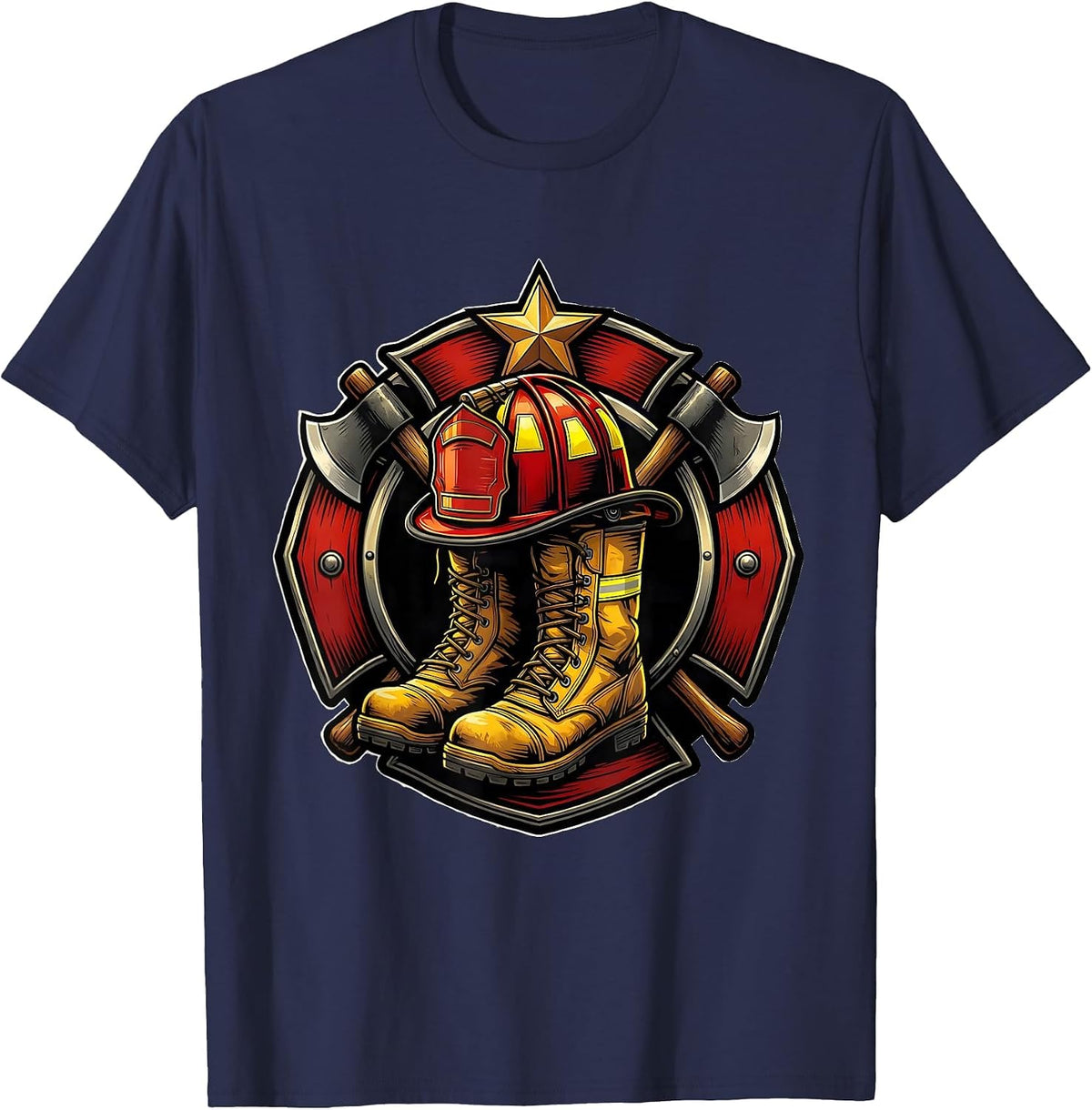 Firefighter Helmet and Boots Memorial Tribute Graphic T-Shirt - Navy Blue