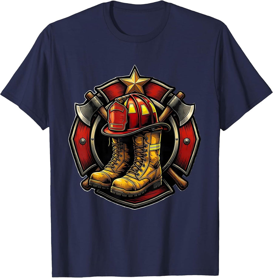 Firefighter Helmet and Boots Memorial Tribute Graphic T-Shirt - Navy Blue