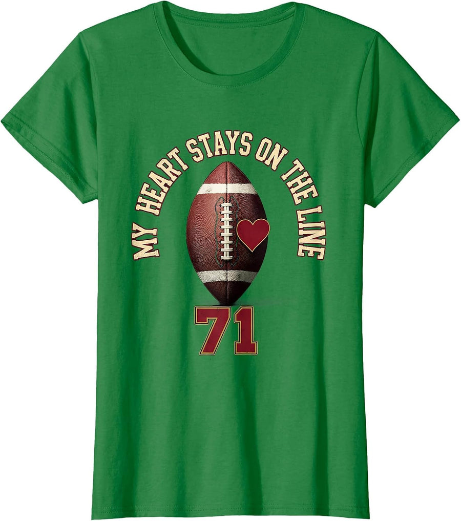 Women's My Heart Stays On The Line 71 Football Lineman Mom T-Shirt - Kelly Green