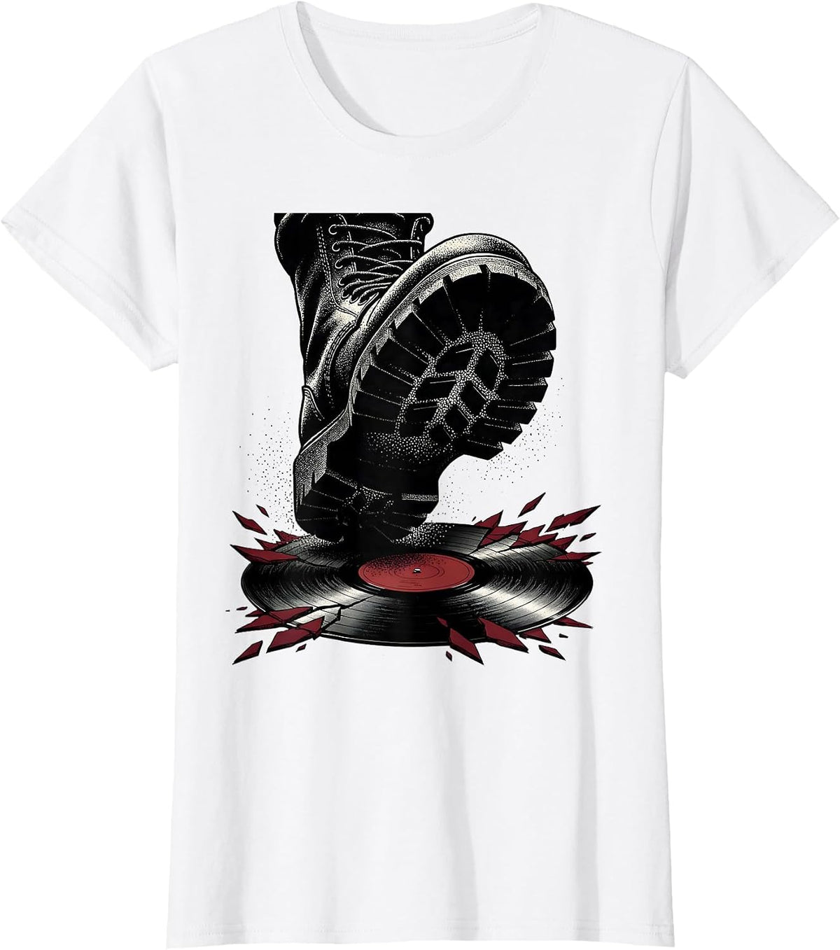 Punk Rock Boots Stomping Vinyl Record Graphic T-Shirt - White