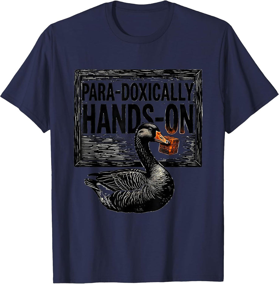 Para-Doxically Hands-On Linocut Funny Paraprofessional Goose T-Shirt - Navy Blue