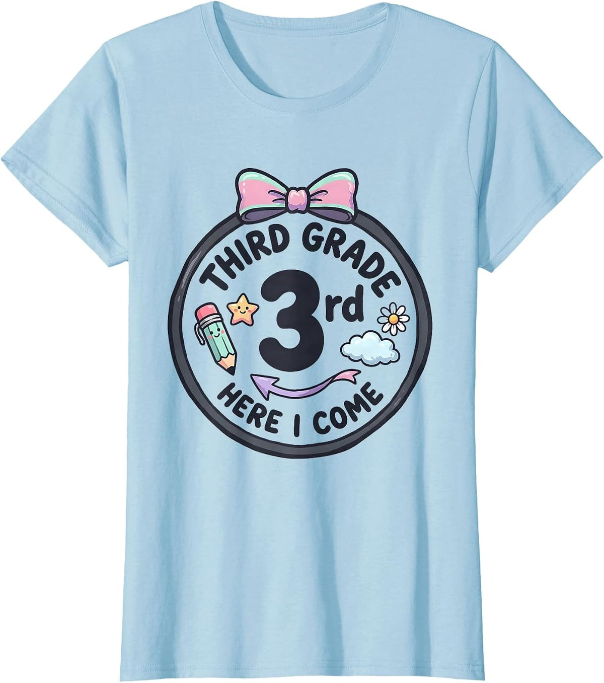 Third Grade Here I Come Kawaii Bow Back to School Girl T-Shirt - Baby Blue