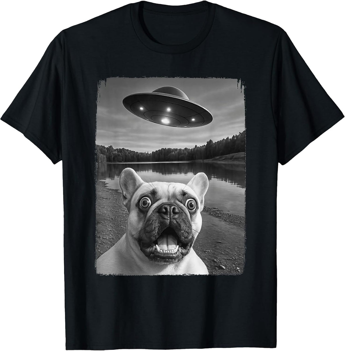 French Dog UFO Selfie Funny Frenchie T-Shirt - Black