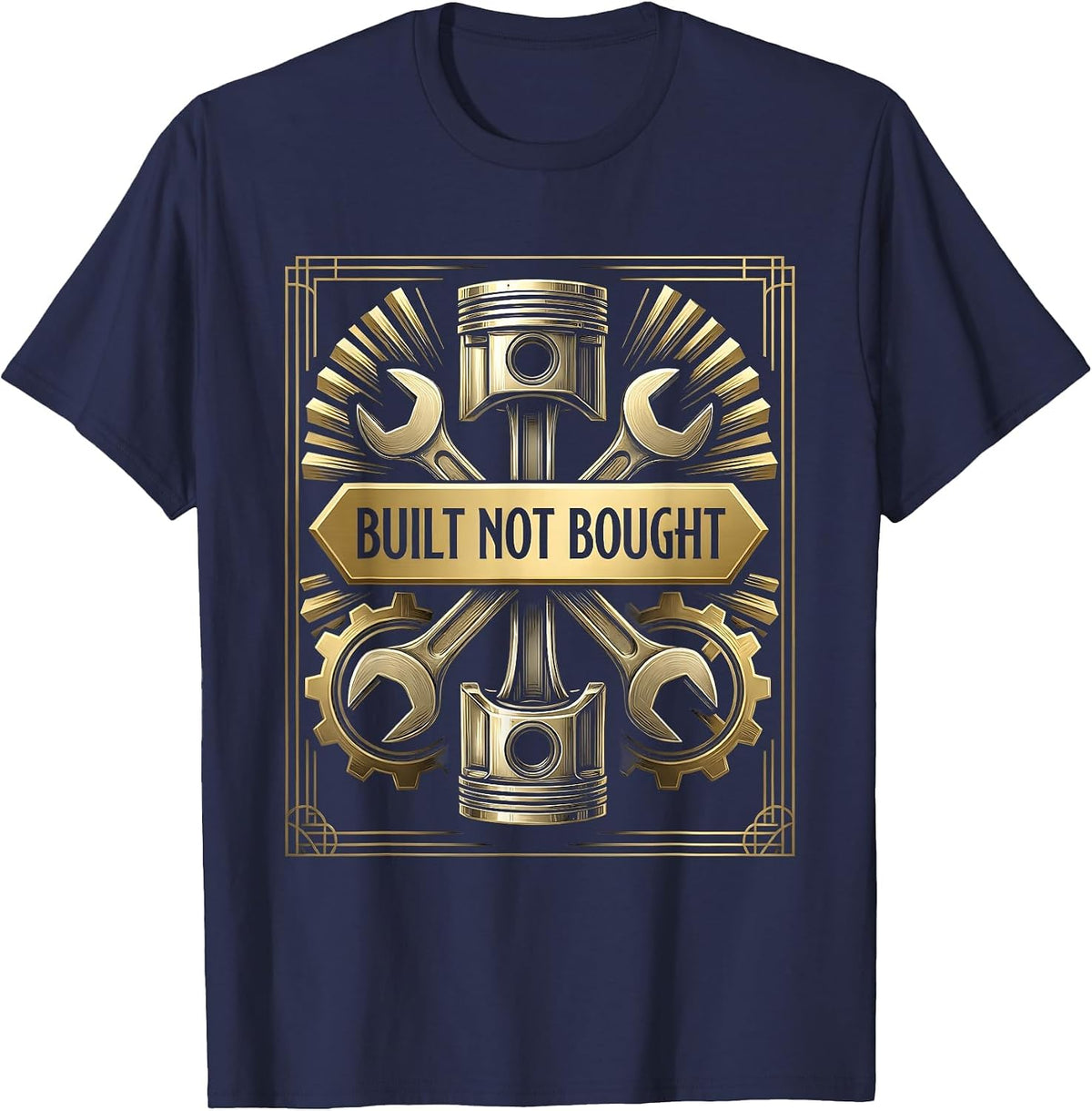 Built Not Bought Mechanic Gear Head Design T-Shirt - Navy Blue