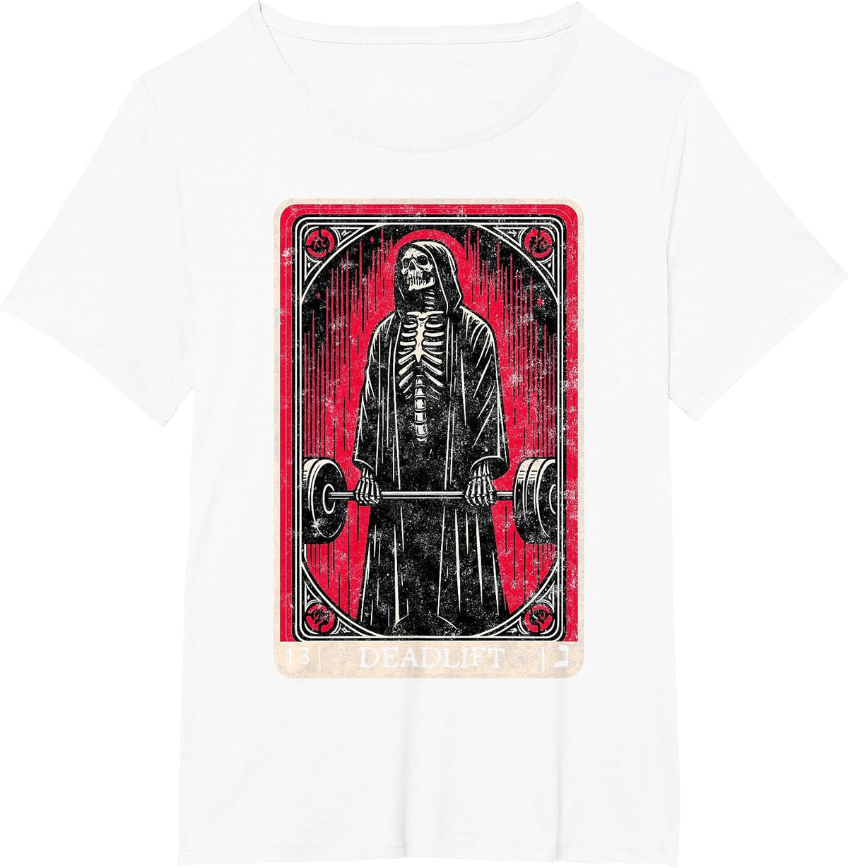 Vintage Deadlift Skeleton Tarot Card Weightlifting Gym T-Shirt - White