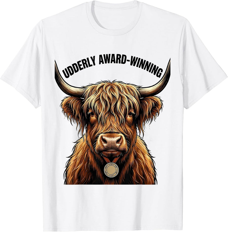 Men's Udderly Award-Winning Funny Highland Cow Animal Lover Humor T-Shirt - White