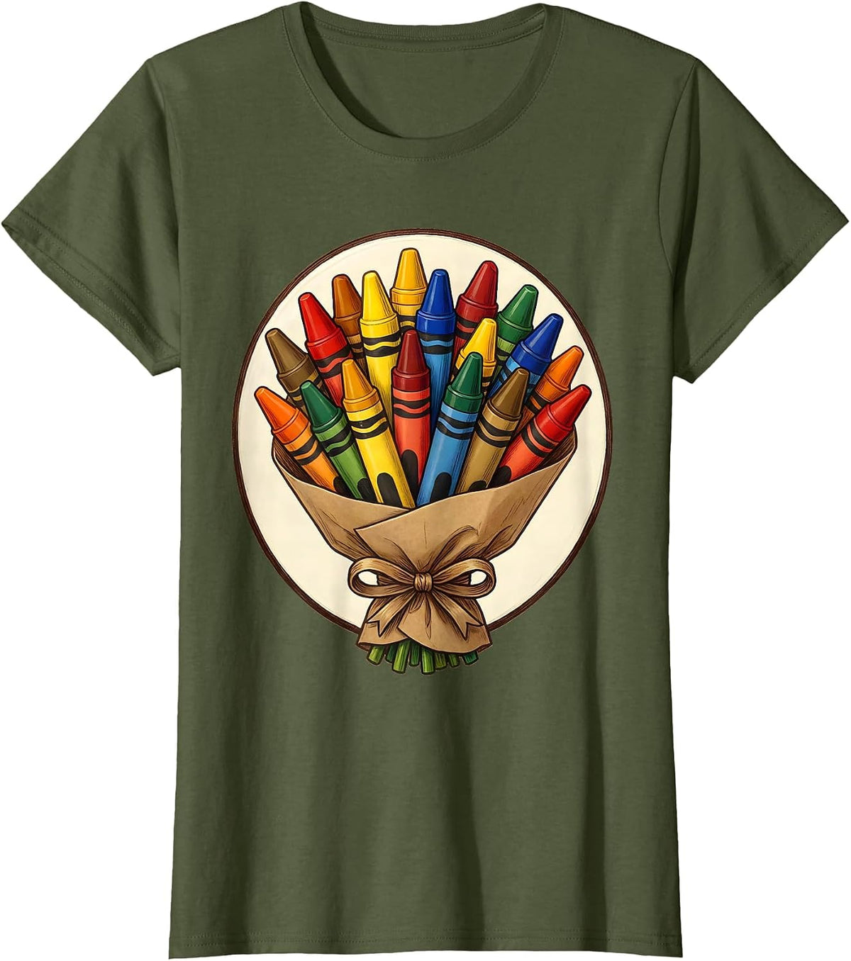 Women's Third Grade Teacher Crayon Bouquet Gift T-Shirt - Olive Green