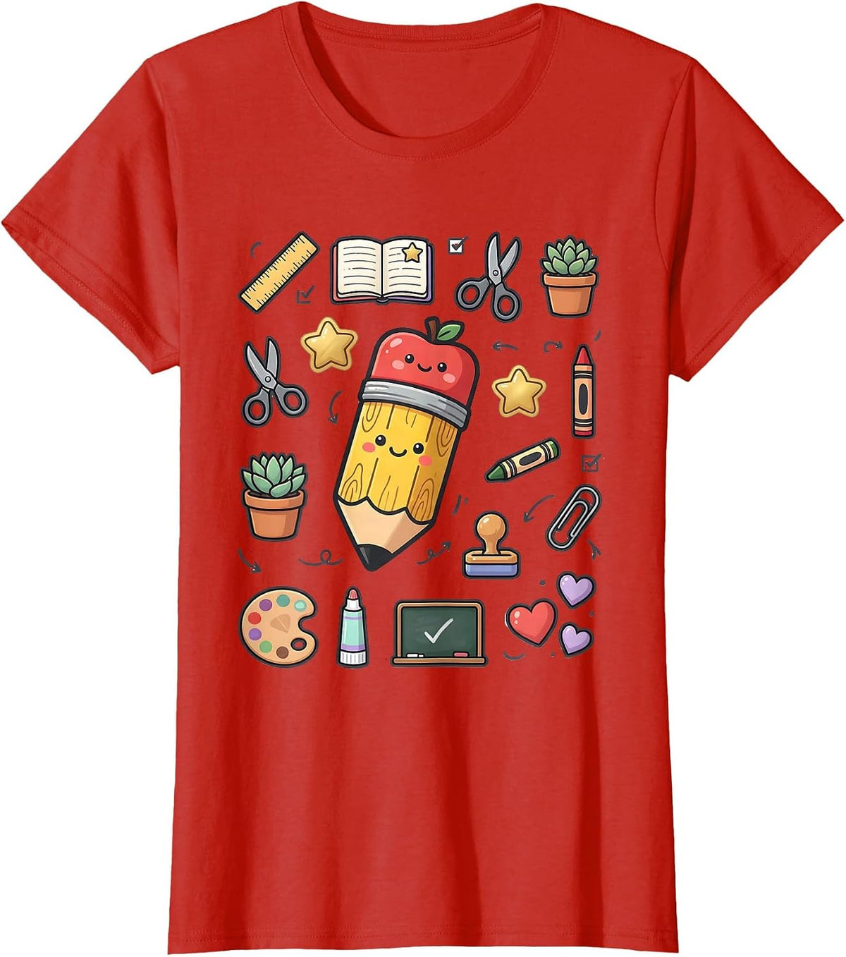Women's First Grade Teacher Pencil Apple Eraser Graphic T-Shirt - Red