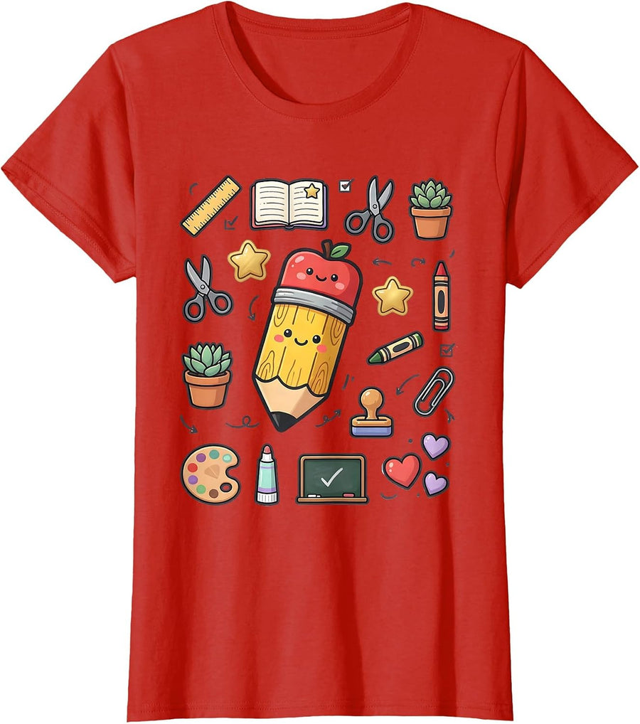 Women's First Grade Teacher Pencil Apple Eraser Graphic T-Shirt - Red