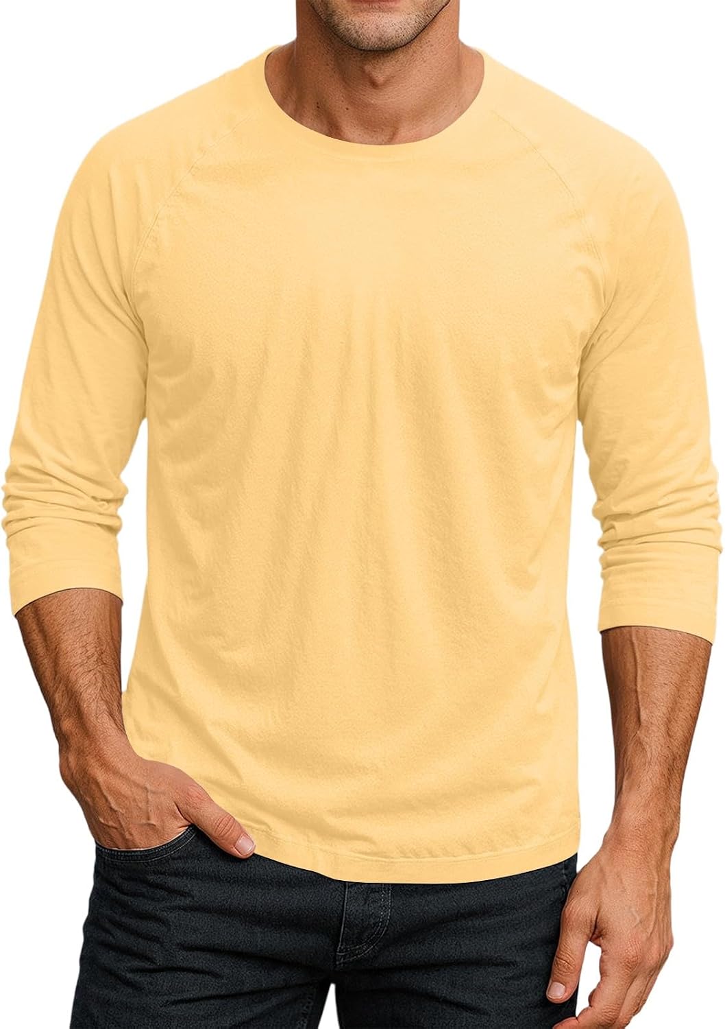 Mens Raglan 3/4 Sleeve Crewneck T-Shirt Solid Casual Fashion Sporty Jersey Baseball Tee Top - 01 Yellow
