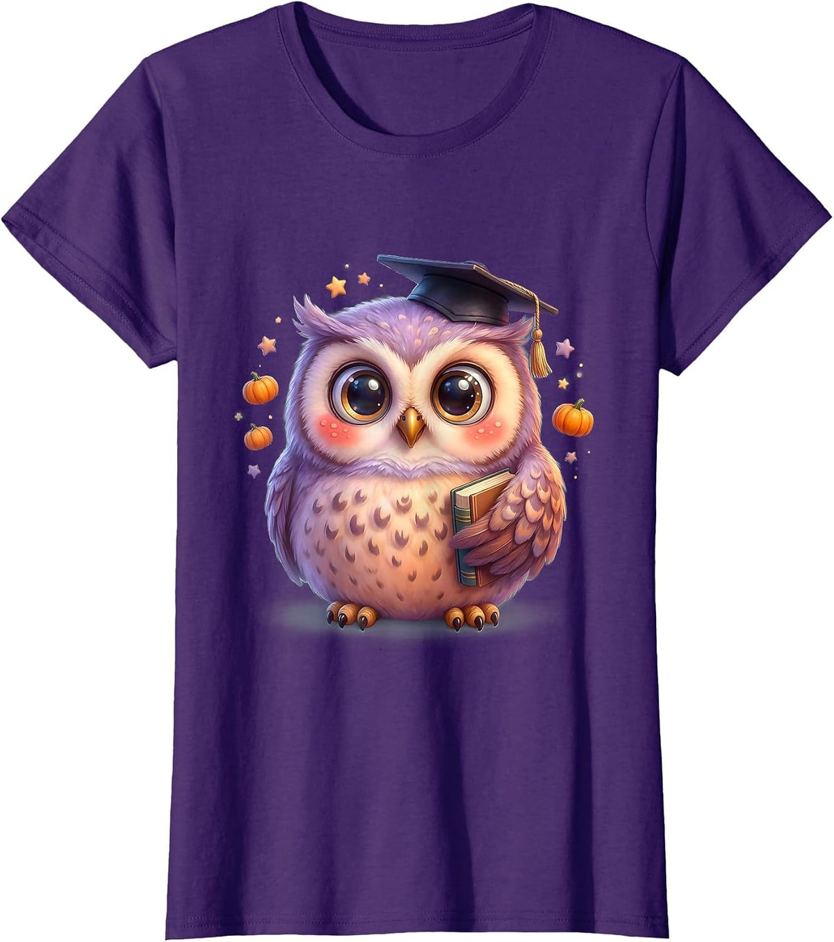 Women's Halloween Owl Professor Mortarboard Hat Design T-Shirt - Purple